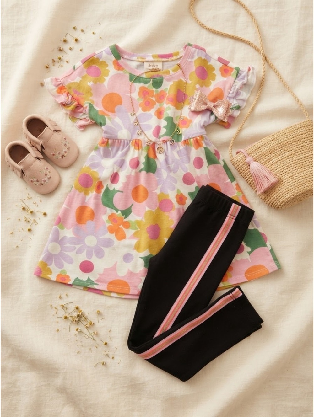 Old Navy Pink Floral Dress with Black Striped Leggings [COPY]